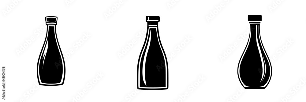 Poster collection of flat black condiment bottle icons in various shapes on a simple background