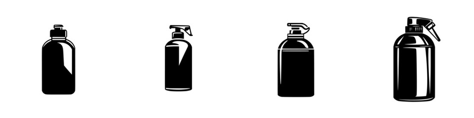 Flat black icons representing various bottle and spray designs suitable for cleaning or cosmetic products