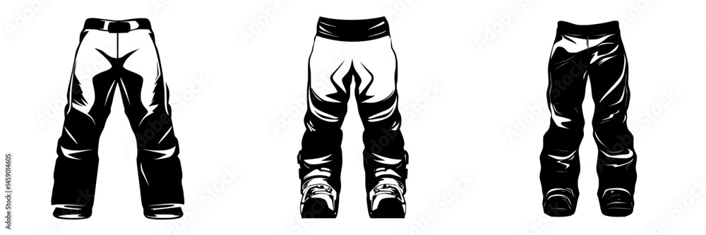 Poster stylized black icon representing three variations of pants designs featuring unique patterns and sha