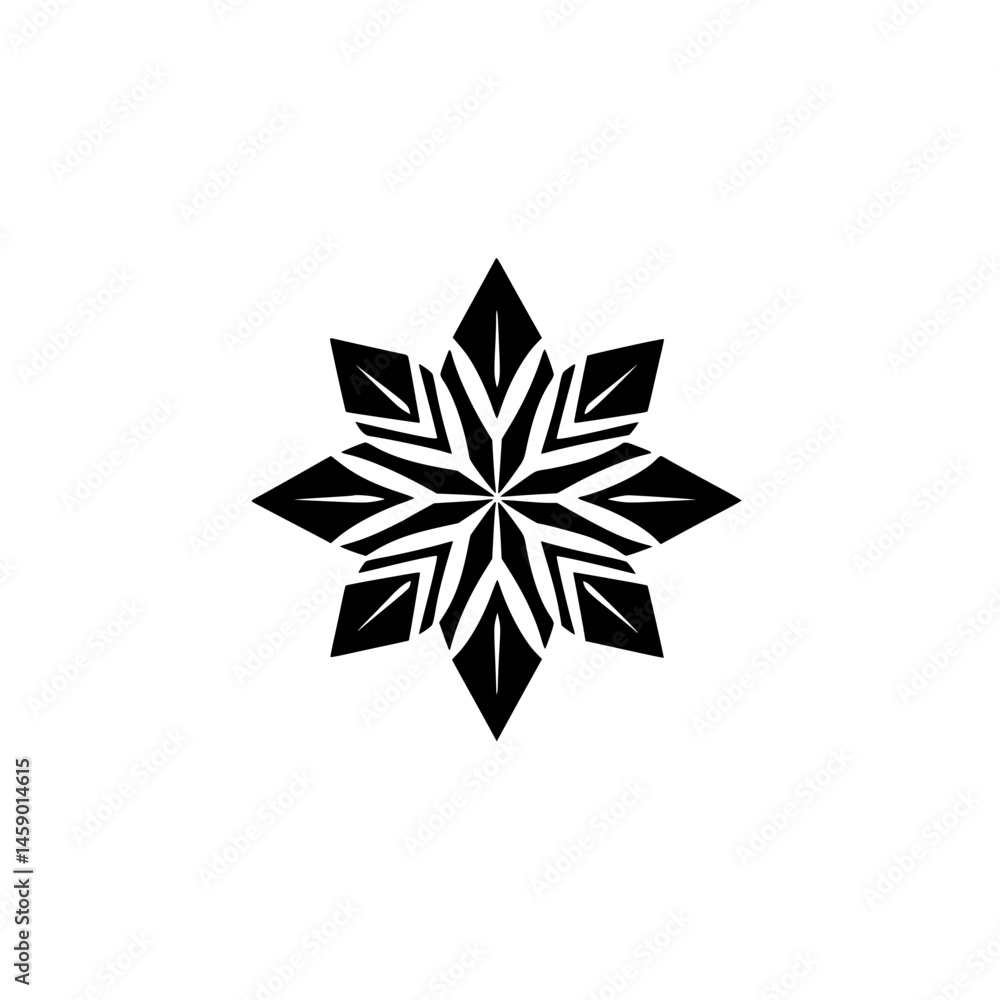 Poster black flat icon of a detailed snowflake design with intricate patterns and symmetrical shapes on a w
