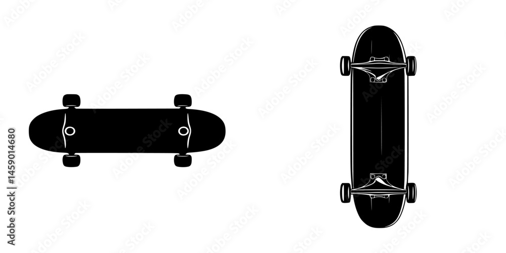 Poster flat black skateboard icon viewed from top and bottom perspectives showcasing a simple design suitab