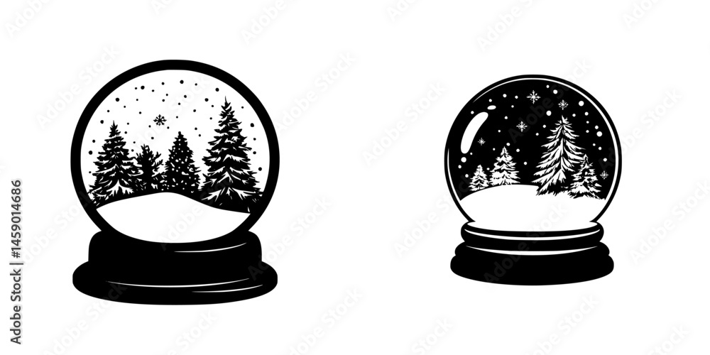Poster black icons of snow globes featuring winter landscapes with trees and snowflakes in a simple design 
