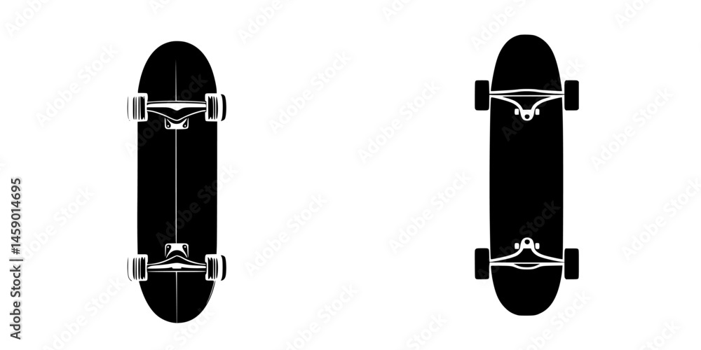 Poster flat black skateboard icon showcasing a top-down perspective of a skateboard design with minimalisti