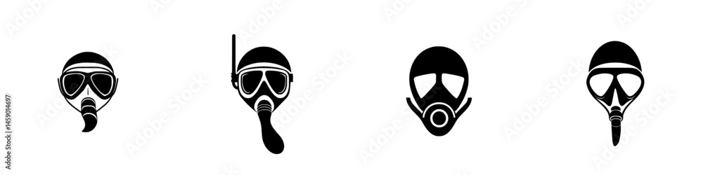 Poster diverse black icons representing various types of masks for diving and safety, showcasing distinct d
