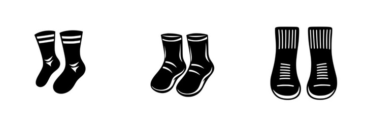Black icon set featuring various styles of socks for textile and fashion design use