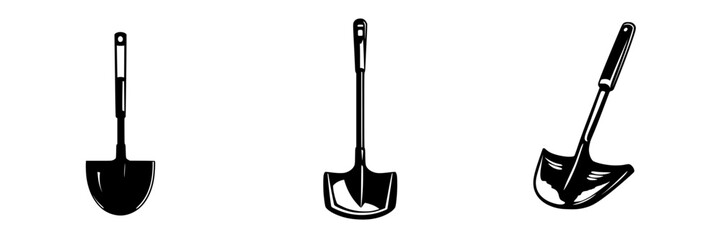 Flat black icon set of gardening shovels designed for use in landscaping and gardening tasks