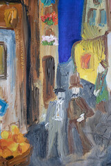 Two gentlemen in top hats walking on street. Genre painting oil brush strokes texture on canvas surface.