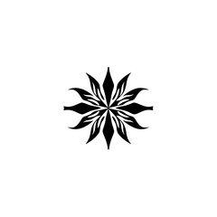 Intricate flat black icon depicting a stylized eight-pointed star design with sharp leaf-like elements radiating outward from the center