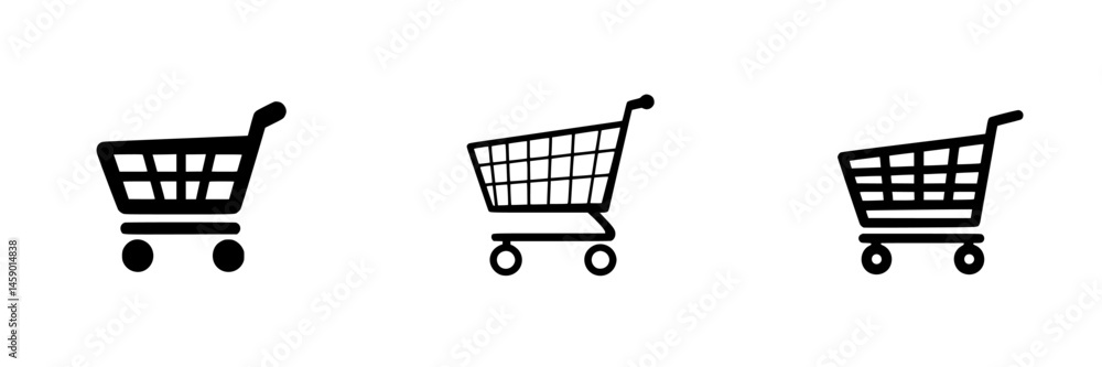 Poster flat black shopping cart icons representing various styles and sizes for digital design and commerce