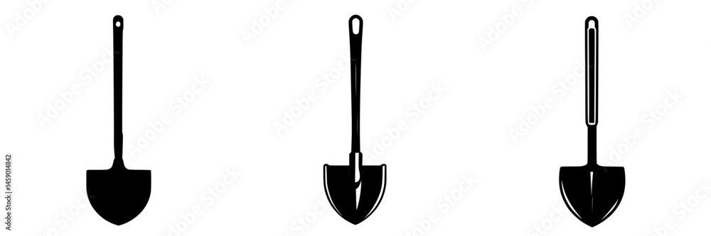 Poster flat black icons of various shovel designs displayed in a simple layout for graphic use