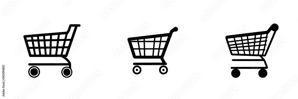 Poster black flat icons of shopping carts arranged in a row for use in web design or digital projects