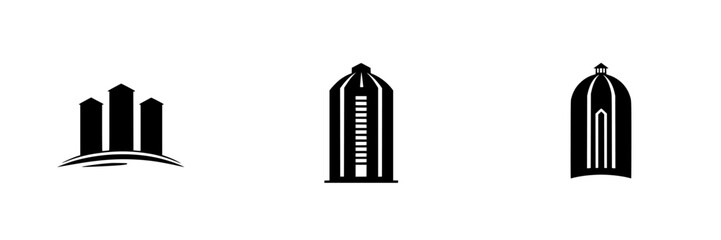 Flat black icons representing agricultural silos, showcasing various shapes and styles common in rural landscapes © Andrei