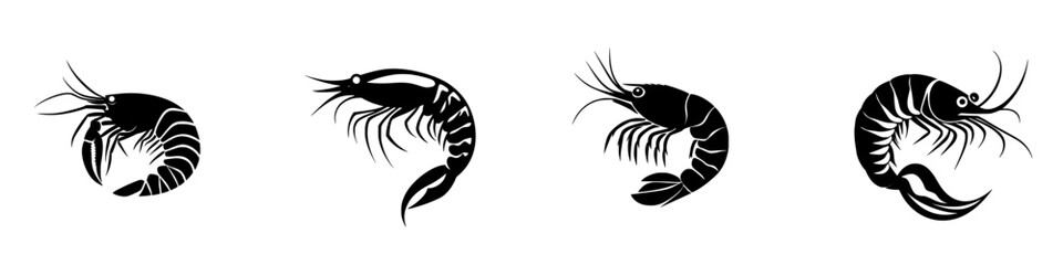 Collection of flat black shrimp icons designed for culinary illustrations and seafood menu graphics