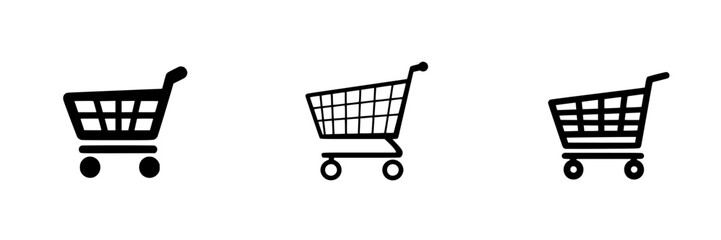 Flat black shopping cart icons representing various styles and sizes for digital design and commerce use