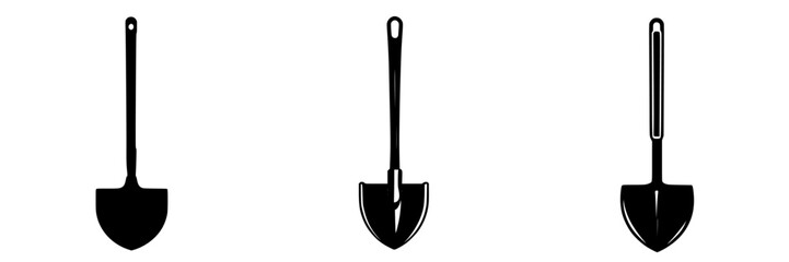 Flat black icons of various shovel designs displayed in a simple layout for graphic use