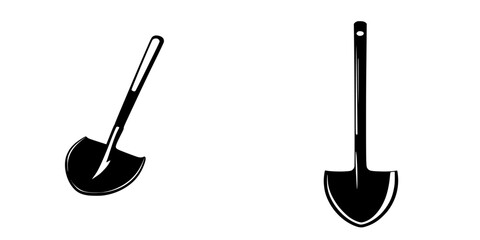 Flat black icon representing a shovel design used in gardening and construction activities for digging and planting purposes