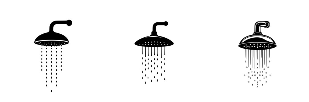 Different styles of flat black showerhead icons illustrating water flow in a clean design for bathroom concepts