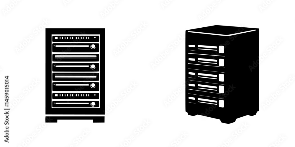 Poster flat black icons representing server and storage units for technology and data management purposes