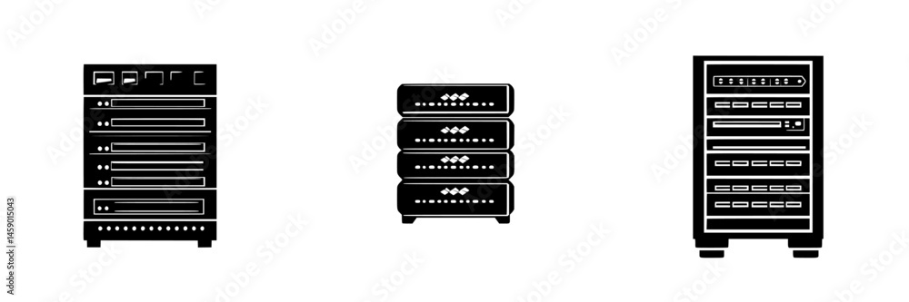Poster black flat icon depicting various server rack designs for data storage solutions and server manageme