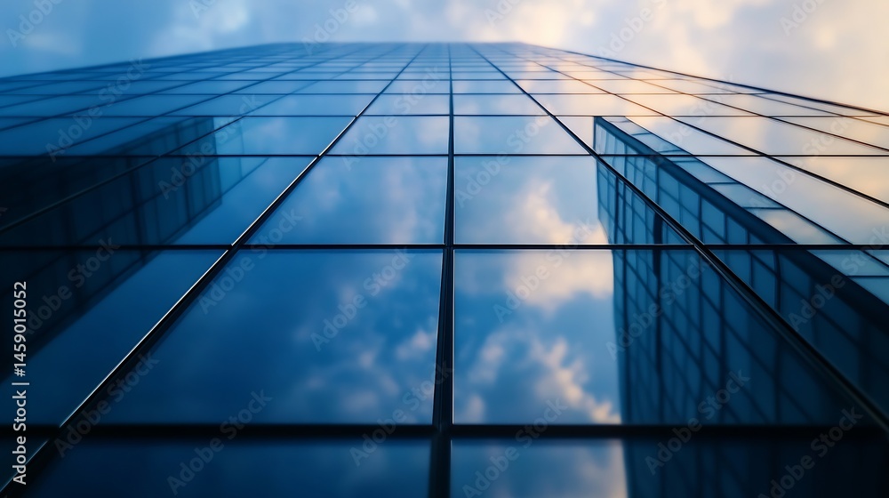 Leinwandbilder low-angle view of a modern glass skyscraper reflecting a cloudy sunset sky, showcasing the building'