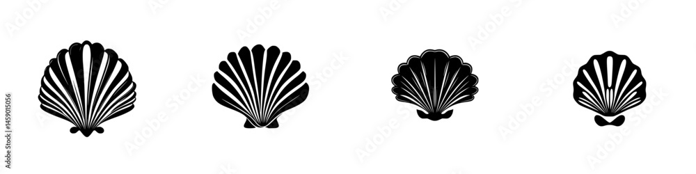Poster flat black shell icons presented in a row showcasing varying designs suitable for use in digital art