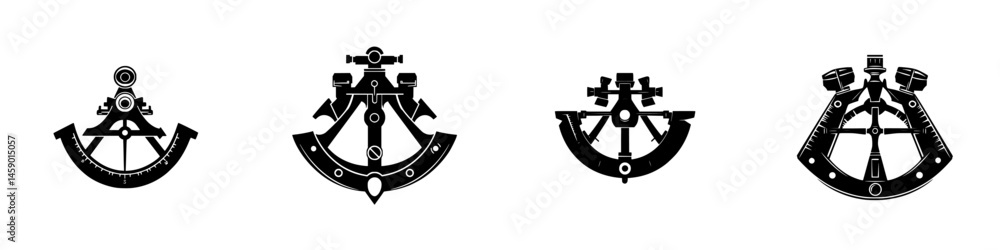 Poster black icon collection featuring various navigational and measurement instruments in flat design styl