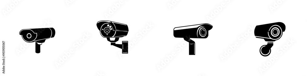 Poster flat black icons representing different types of security cameras in a minimalist style for modern d
