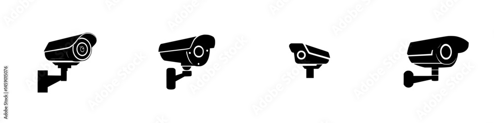 Poster flat black icon representing various security cameras in different shapes and sizes for modern surve