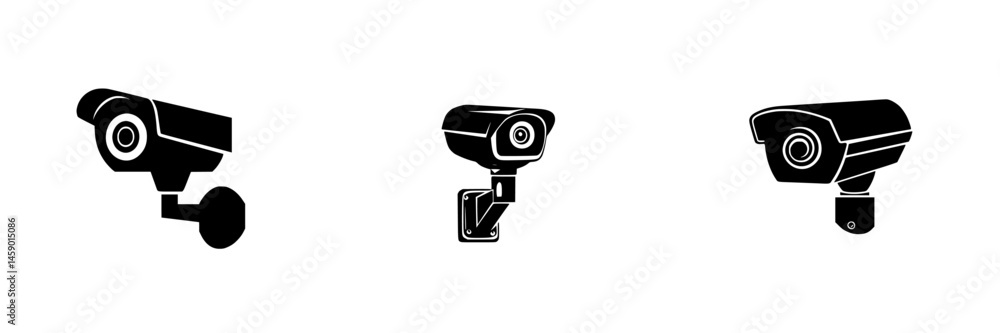 Poster security camera icons displayed in flat black style for design and branding purposes