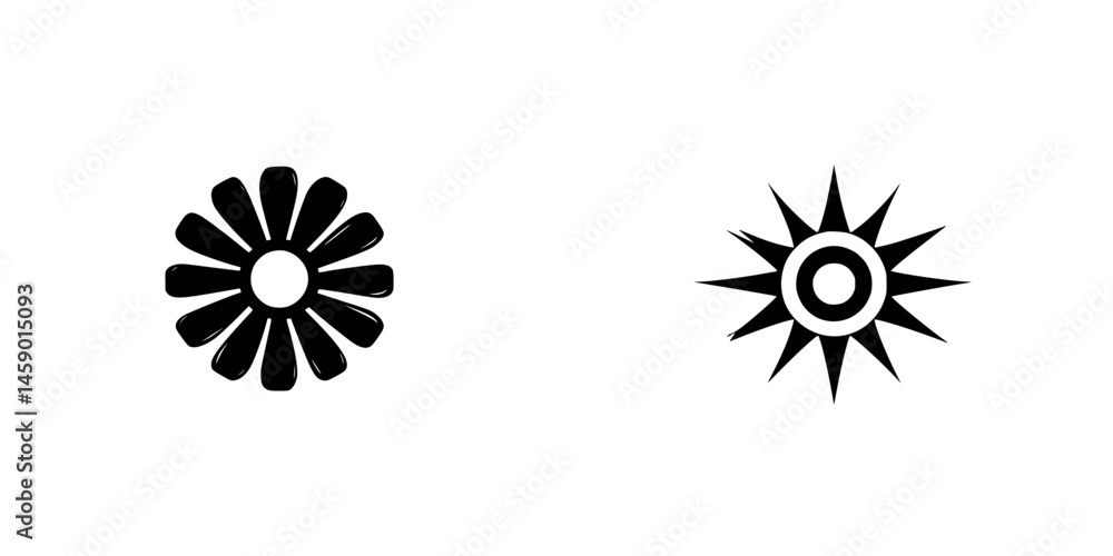 Poster black flat icons representing a flower shape and a sunburst design with simple, clean lines for grap