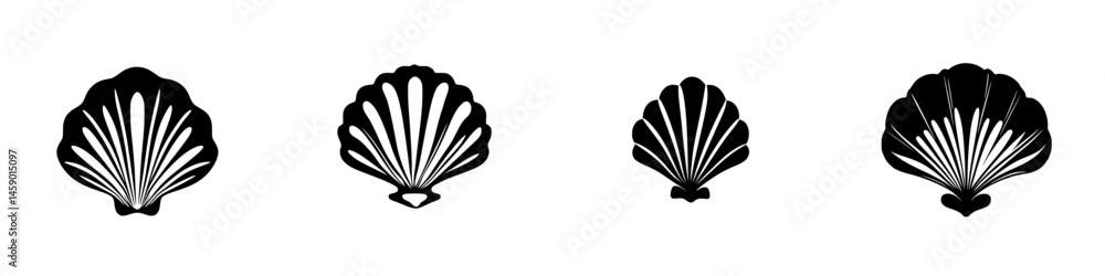 Poster black icons of seashells displaying various shapes and designs suitable for creative projects and di