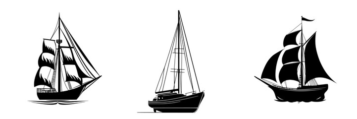 Three flat black ship icons showcasing different sailing vessel designs in a simple, minimalist style