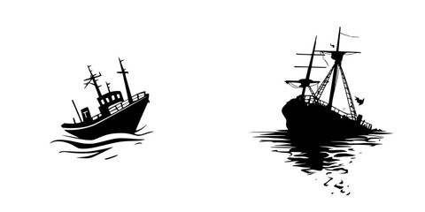 Flat black icons of two different types of ships displayed side by side showcasing maritime themes and designs