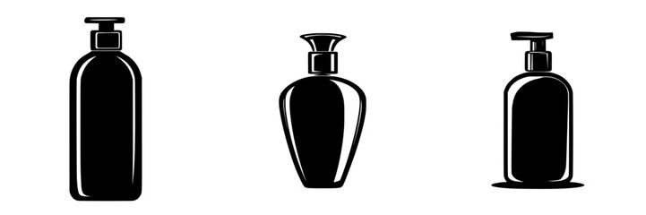 Three flat black icons representing various bottle shapes typically used for cosmetic or skincare products