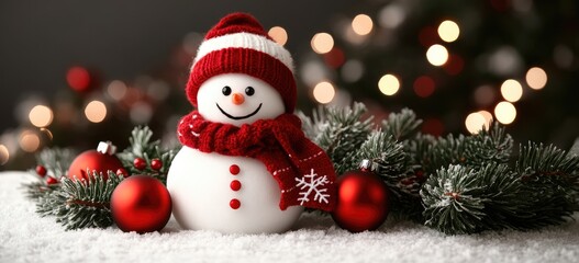 Festive snowman with red ornaments and pine sprigs on snowy background