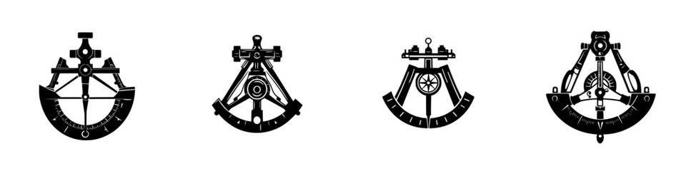 Flat black icons depicting traditional navigation tools used for maritime and surveying purposes in various designs and styles