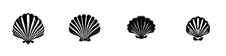 Flat black shell icons presented in a row showcasing varying designs suitable for use in digital art and graphic design