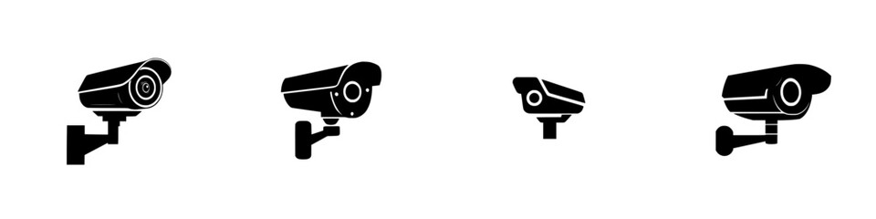 Naklejka premium Flat black icon representing various security cameras in different shapes and sizes for modern surveillance systems