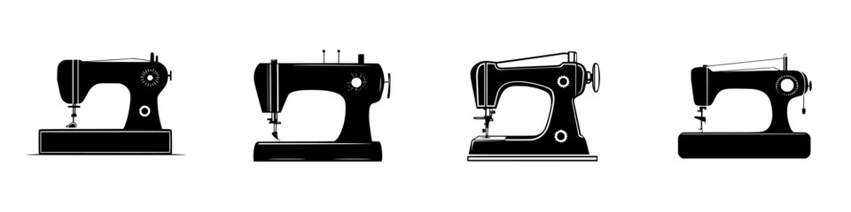 Historical evolution of sewing machines depicted in a flat black icon style showcasing vintage designs from different eras