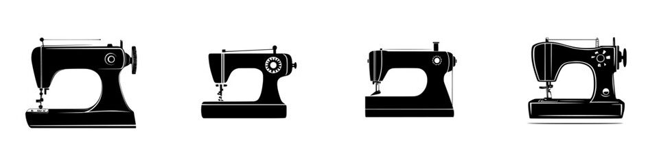 Various flat black sewing machine icons depicting vintage and modern designs for crafting and tailoring enthusiasts