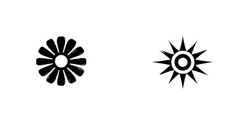 Black flat icons representing a flower shape and a sunburst design with simple, clean lines for graphic design use