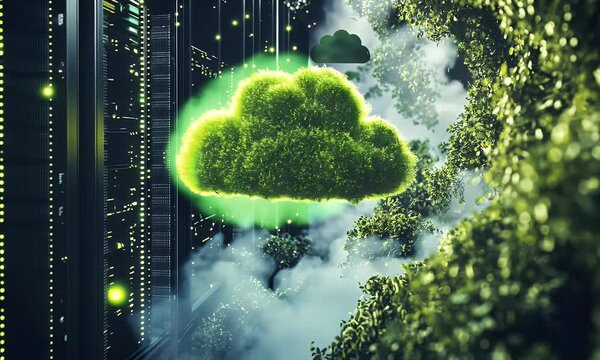 A green cloud symbol floating above rows of data center server equipment, 
