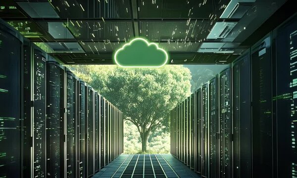 A green cloud symbol floating above rows of data center server equipment, 