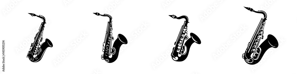 Poster flat black saxophone icon designs showcasing different angles and positions for use in music-related