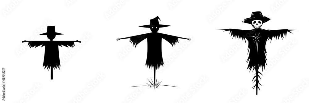 Poster flat black icons of different scarecrow designs standing in a row, showcasing distinct features and 