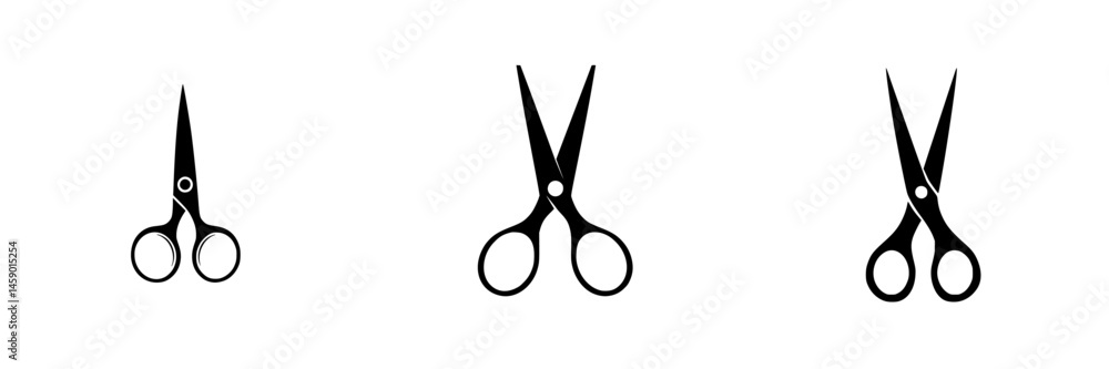 Poster different sizes of flat black scissors icons displayed on a white background for design and illustra