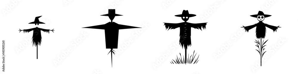 Poster flat black scarecrow icons representing various designs in a minimalistic style suitable for hallowe