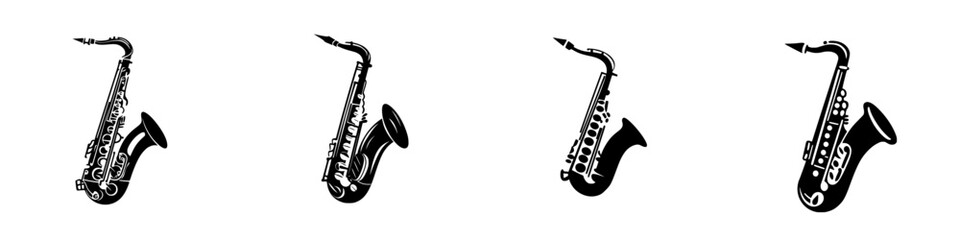 Black flat icons of saxophones in various positions showcasing musical diversity and design elegance