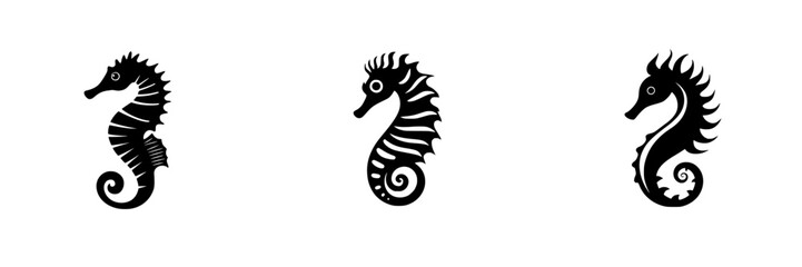 Unique flat black seahorse icons showcasing different designs for aquatic themes and marine life representation