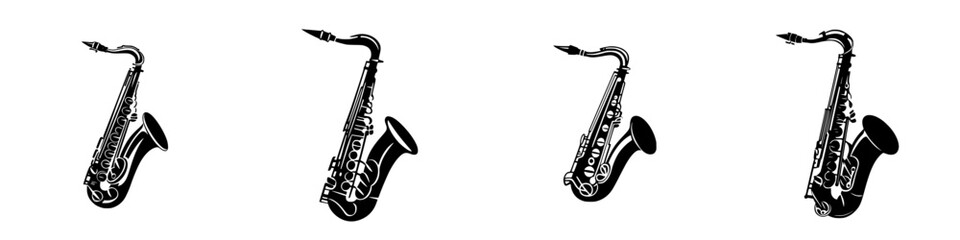 Black saxophone icon series showcasing different angles of the musical instrument in a flat design style